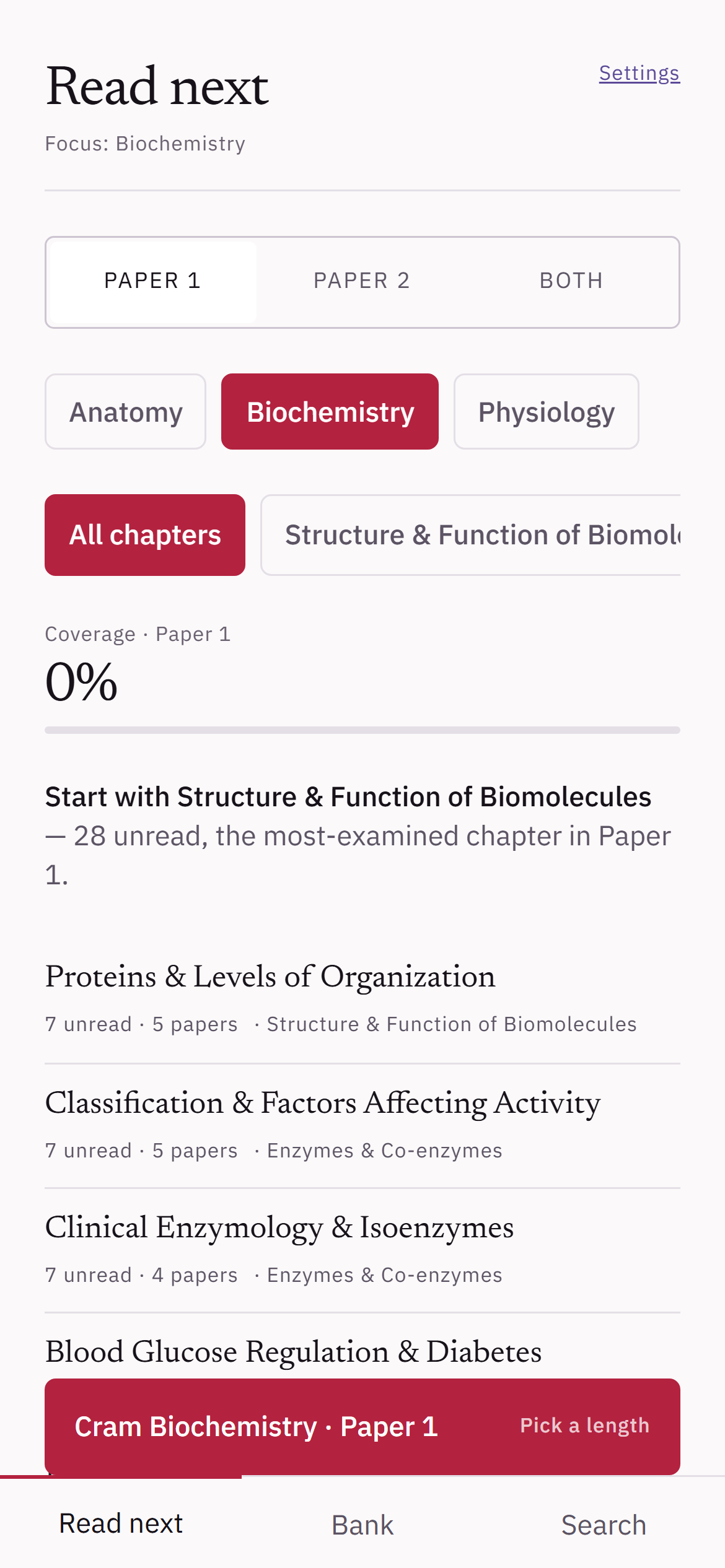 v2 on a phone, open on Read next: the paper being sat, the coverage so far, and a named chapter to start with, 28 unread and the most-examined in Paper 1.